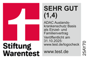 ADAC Auslandskrankenversicherung ausgezeichnet von der Stiftung Warentest mit der Note Sehr Gut.