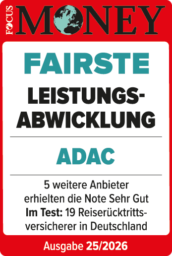 ADAC Reiserücktritts-Versicherung ausgezeichnet von Focus Money für die fairste Leistungsabwicklung.